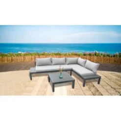 Gartenfreude Alu-Lounge Mit Latten In Holzoptik Aus PS Und Wasserabw. Kissen -Gartengeschäft 4251083906017 4655 04