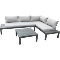 Gartenfreude Alu-Lounge Mit Latten In Holzoptik Aus PS Und Wasserabw. Kissen